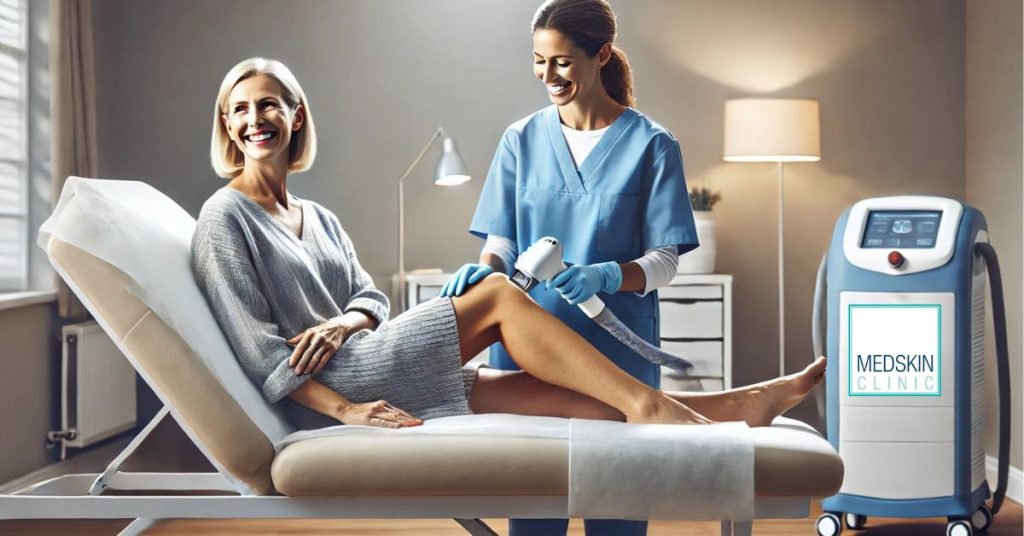 IPL leg hair removal image of a beauty treatment room featuring a middle-aged woman lying on a treatment bed and smiling with a nurse