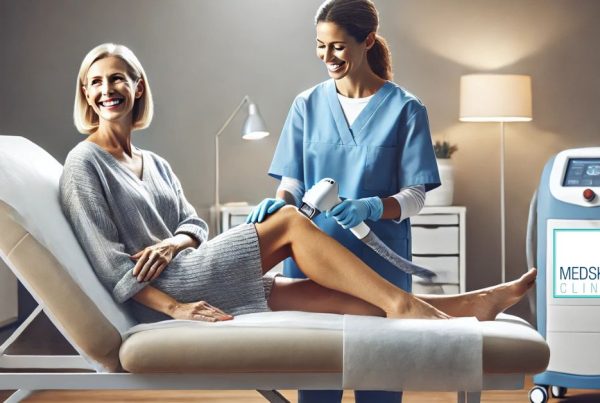 IPL leg hair removal image of a beauty treatment room featuring a middle-aged woman lying on a treatment bed and smiling with a nurse