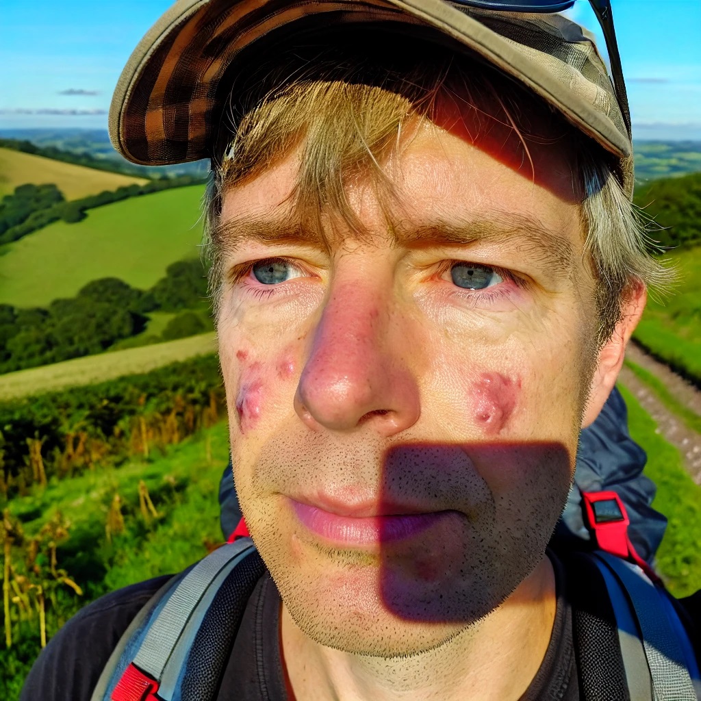 the sun is shining gently on a mans face, subtly highlighting the areas affected by acne rosacea